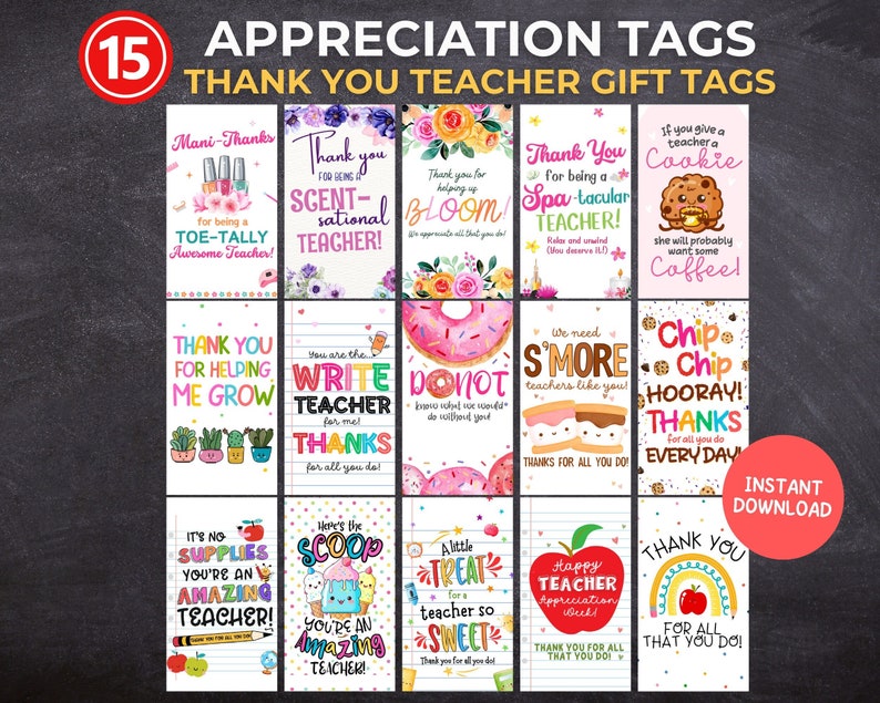 Teacher Appreciation Tags Bundle, Teacher Thank You Tags, Thank You Teacher Gift Tags, Teachers Week Tags, End Of Year Gift For Teacher Bulk
