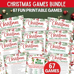 May include: A bundle of 67 printable Christmas games. The games include trivia, matching, and word puzzles, with festive red and green designs. The text on the top reads "Christmas Games Bundle" and "67 Fun Printable Games".