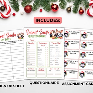 May include: A Secret Santa gift exchange set, including a sign-up sheet, questionnaire, and assignment cards. The sign-up sheet has lines for names. The questionnaire includes preferences. The assignment cards feature a penguin in a Santa hat.