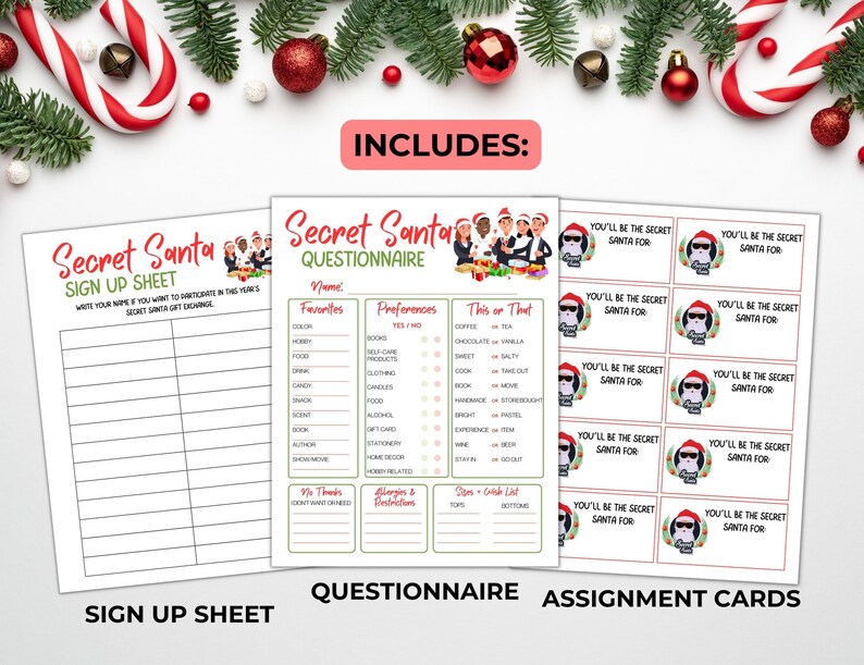 May include: A Secret Santa gift exchange set, including a sign-up sheet, questionnaire, and assignment cards. The sign-up sheet has lines for names. The questionnaire includes preferences. The assignment cards feature a penguin in a Santa hat.