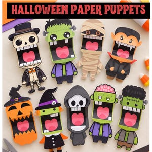 Marionnettes d'Halloween à imprimer, bricolage en papier pour Halloween, activité amusante de marionnettes à doigts pour Halloween, activité de découpage et collage pour la classe.
