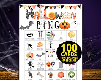 Halloween Bingo Printable, Halloween Party Games For Adults, Kids Halloween Activities, 100 Halloween Bingo Cards, Class Party, Office Party