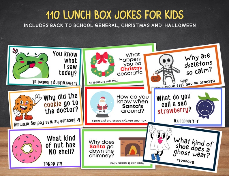 May include: A set of 10 colorful cards with jokes for kids. Each card features a cartoon illustration and a joke written in a playful font. The jokes are themed around back to school, general, Christmas, and Halloween.