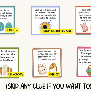 May include: A colorful Easter egg hunt game with clues hidden around the house. The clues are written on colorful cards with illustrations. The game starts with a toaster and ends with a closet.