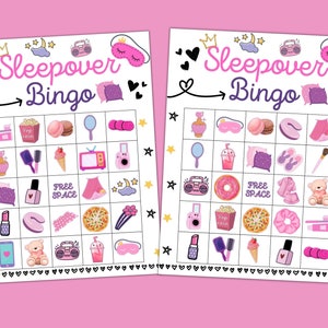 May include: Two printable sleepover bingo cards with a pink background and a variety of images including a sleep mask, a donut, a teddy bear, a hair tie, a hair brush, a camera, a popcorn bucket, a drink, a pizza, a pillow, a nightgown, a phone, a radio, and a pair of slippers. The text "Sleepover Bingo" is at the top of each card.
