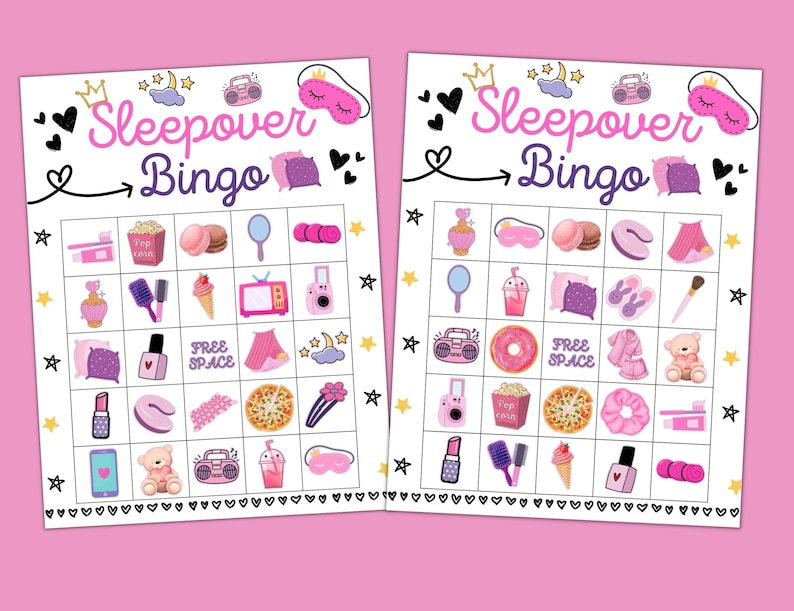 May include: Two printable sleepover bingo cards with a pink background and a variety of images including a sleep mask, a donut, a teddy bear, a hair tie, a hair brush, a camera, a popcorn bucket, a drink, a pizza, a pillow, a nightgown, a phone, a radio, and a pair of slippers. The text "Sleepover Bingo" is at the top of each card.