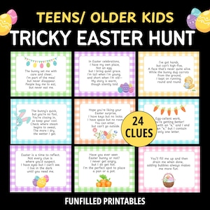 以下が含まれることがあります： 10代の若者と年上の子供向けの印刷可能なイースターエッグハントゲーム。24個のヒントがあります。ヒントは、チェック柄のカラフルなカードに書かれており、イースターをテーマにしたイラストが描かれています。カードのテキストには、「ウサギは速いが、あなたは愚か者ではない」や「私は手を持っているが、ハイタッチはできない」などのフレーズが含まれています。