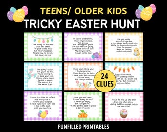 May include: A printable Easter egg hunt game for teenagers and older children with 24 clues. The clues are written on colourful cards with a checkered pattern and feature Easter-themed illustrations. The text on the cards includes phrases like "The bunny's quick, but you're no fool" and "I've got hands, but can't high-five".