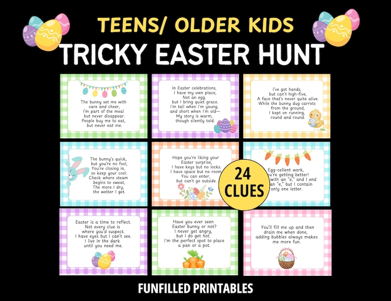 May include: A printable Easter game for teens and older kids, featuring 24 clues with riddles and puzzles. The design includes colorful Easter eggs and a bunny, perfect for a fun Easter egg hunt.