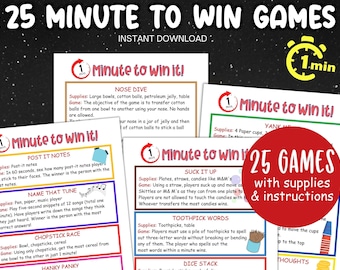 Minute to Win it games, Fun party games for kids adults, Family night printable games, Indoor fun birthday games, reunion dinner party games