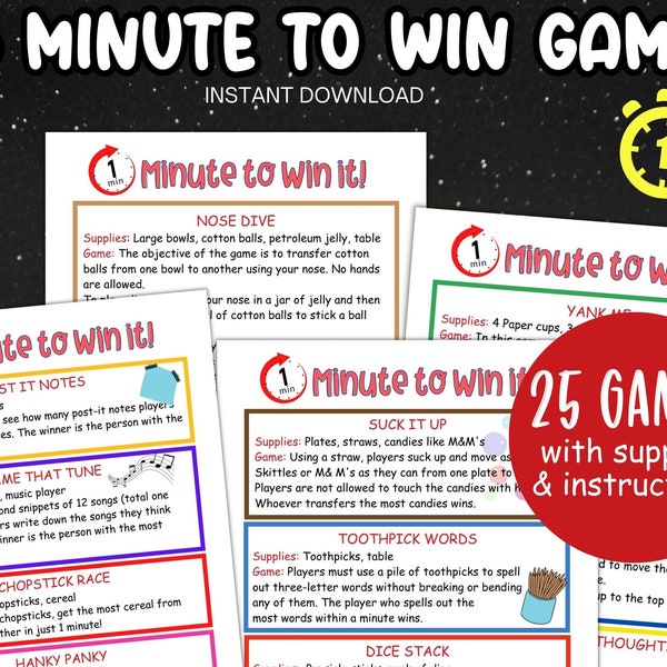 Minute to Win it games, Fun party games for kids adults, Family night printable games, Indoor fun birthday games, reunion dinner party games