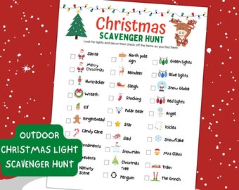 Peut inclure: Une liste de chasse au trésor de Noël imprimable avec des illustrations et du texte festifs. La liste comprend des éléments tels que le Père Noël, le sapin de Noël et les guirlandes lumineuses. Le texte "Chasse au trésor de lumières de Noël en extérieur" est également visible.
