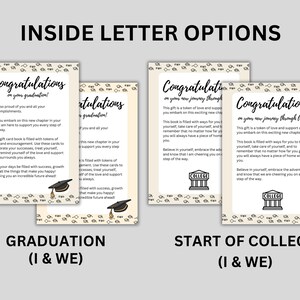 Op de afbeelding: Vier kaarten met tekstopties voor afstuderen en universiteit. De kaarten hebben een cr&egrave;mekleurige achtergrond met een decoratieve rand. De tekst bevat "Gefeliciteerd" en ondersteunende berichten. De onderkant van de kaarten heeft de tekst "GRADUATION (I & WE)" en "START OF COLLEGE (I & WE)".