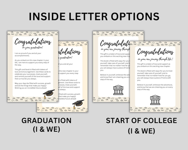 Op de afbeelding: Vier kaarten met tekstopties voor afstuderen en universiteit. De kaarten hebben een cr&egrave;mekleurige achtergrond met een decoratieve rand. De tekst bevat "Gefeliciteerd" en ondersteunende berichten. De onderkant van de kaarten heeft de tekst "GRADUATION (I & WE)" en "START OF COLLEGE (I & WE)".