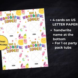 May include: White printable cards with the text "Have a Wondohful Summer!" and summer-themed illustrations. Includes a yellow circle with "Instant Download" text. Each card has space to write "From:"
