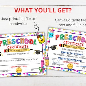 Preschool Graduation Certificate Editable, Printable Preschool Graduation Diploma Template, 2026 Preschool Certificate Kids Keepsake image 3