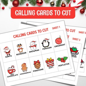May include: Printable Christmas calling cards to cut out. The cards feature illustrations of Santa, a snowman, a reindeer, a penguin, an ornament, hot chocolate, gingerbread, a pinecone, a gift, mistletoe, and a hat.