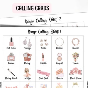 Puede incluir: Una tarjeta de bingo de despedida de soltera imprimible con ilustraciones de varios art&iacute;culos con tem&aacute;tica nupcial, que incluyen esmalte de u&ntilde;as, aretes, perlas, un collar, un brazalete, perfume, maquillaje, l&aacute;piz labial, un estuche compacto, flores, una brocha de maquillaje, un peinado, una banda de novia, una manicura, una corona de flores y un anillo. La tarjeta tiene el texto "Bingo Calling Sheet I" en la parte superior.