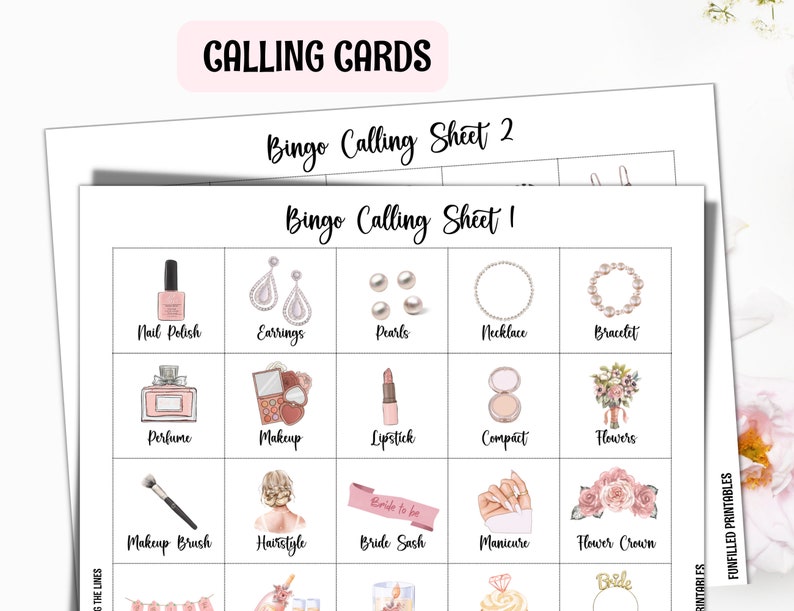 Puede incluir: Una tarjeta de bingo de despedida de soltera imprimible con ilustraciones de varios art&iacute;culos con tem&aacute;tica nupcial, que incluyen esmalte de u&ntilde;as, aretes, perlas, un collar, un brazalete, perfume, maquillaje, l&aacute;piz labial, un estuche compacto, flores, una brocha de maquillaje, un peinado, una banda de novia, una manicura, una corona de flores y un anillo. La tarjeta tiene el texto "Bingo Calling Sheet I" en la parte superior.