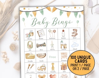 May include: Baby Bingo game card with watercolor illustrations of baby-related items like blocks, a teddy bear, and a bottle. The card has a green and gold banner at the top and includes the text "Baby Bingo" and "100 UNIQUE CARDS PRINT 1 / PAGE OR 2 / PAGE".