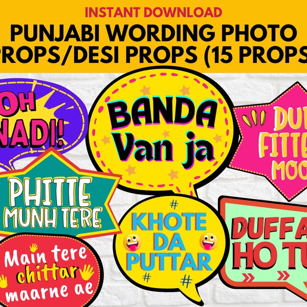 Punjabi props, Punjabi wording photo props, Punjabi dialogs, Desi style party signs for weddings, sangeet, jaggo, bhangra party, printable