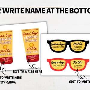Op de afbeelding: Witte kaarten met tekst en afbeeldingen. E&eacute;n kaart toont twee ontwerpen van zonnebrandcr&egrave;metubes met de tekst "Good bye LESSON PLANS" en "Hello SUN TAN". Een andere kaart toont twee zonnebrillen met dezelfde tekst.
