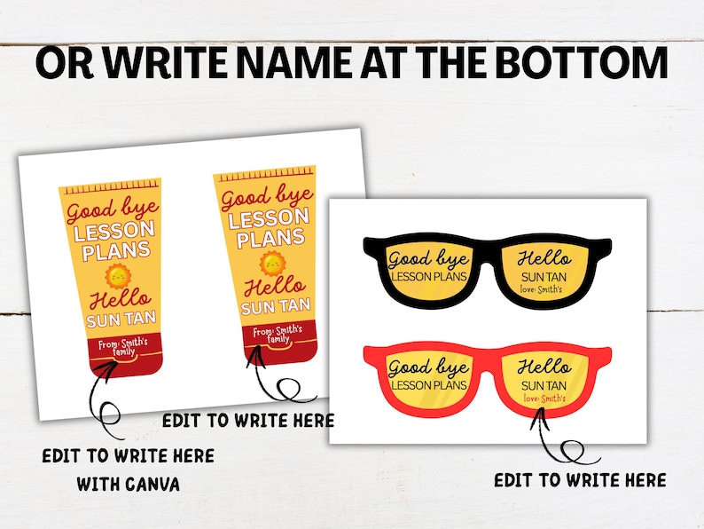 Op de afbeelding: Witte kaarten met tekst en afbeeldingen. E&eacute;n kaart toont twee ontwerpen van zonnebrandcr&egrave;metubes met de tekst "Good bye LESSON PLANS" en "Hello SUN TAN". Een andere kaart toont twee zonnebrillen met dezelfde tekst.