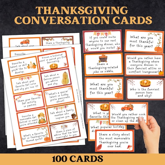 Thanksgiving Conversation Cards, Conversation Starter, Family Thanksgiving Dinner Icebreaker Game, Thanksgiving Icebreaker Question Cards