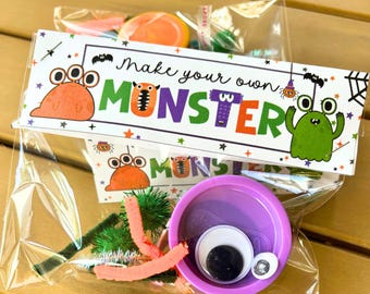 Make Your Own MONSTER Tag Halloween Bag Topper Printable Halloween Favor, Tag Non Candy Halloween Class Gift, Play dough MONSTER Bag Topper