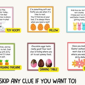 May include: A set of ten Easter egg hunt clue cards with colorful illustrations and rhyming text. The cards feature a bunny, a pillow, a freezer, a washing machine, a dining table, and a dishwasher.