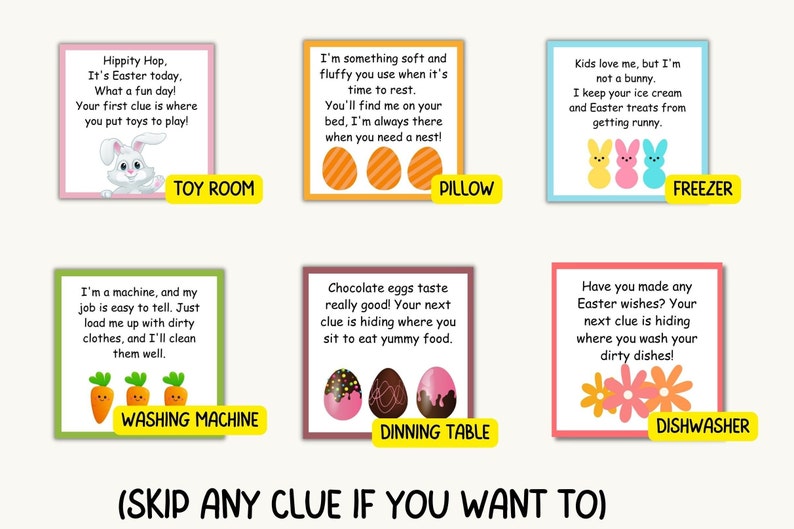 May include: A set of ten Easter egg hunt clue cards with colorful illustrations and rhyming text. The cards feature a bunny, a pillow, a freezer, a washing machine, a dining table, and a dishwasher.