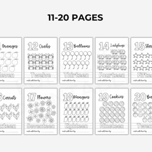 Puede incluir: P&aacute;ginas para colorear imprimibles en blanco y negro para ni&ntilde;os con los n&uacute;meros del 11 al 20 y las im&aacute;genes correspondientes. Cada p&aacute;gina incluye el n&uacute;mero, la palabra para el n&uacute;mero y una l&iacute;nea para escribir el n&uacute;mero. Las im&aacute;genes incluyen naranjas, cangrejos, globos, mariquitas, estrellas, zanahorias, flores, mangos, galletas y pelotas.