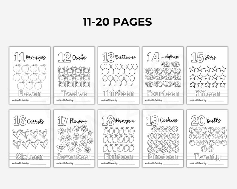Puede incluir: P&aacute;ginas para colorear imprimibles en blanco y negro para ni&ntilde;os con los n&uacute;meros del 11 al 20 y las im&aacute;genes correspondientes. Cada p&aacute;gina incluye el n&uacute;mero, la palabra para el n&uacute;mero y una l&iacute;nea para escribir el n&uacute;mero. Las im&aacute;genes incluyen naranjas, cangrejos, globos, mariquitas, estrellas, zanahorias, flores, mangos, galletas y pelotas.