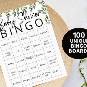 100 Prefilled Baby Shower Bingo Cards, Baby Bingo Game Greenery Baby Shower Games, Baby Shower Activities, Gender neutral Baby Gift bingo