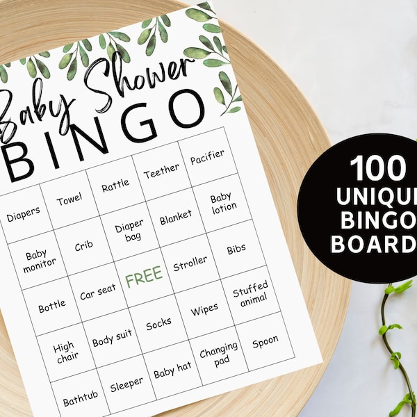 100 Prefilled Baby Shower Bingo Cards, Baby Bingo Game Greenery Baby Shower Games, Baby Shower Activities, Gender neutral Baby Gift bingo