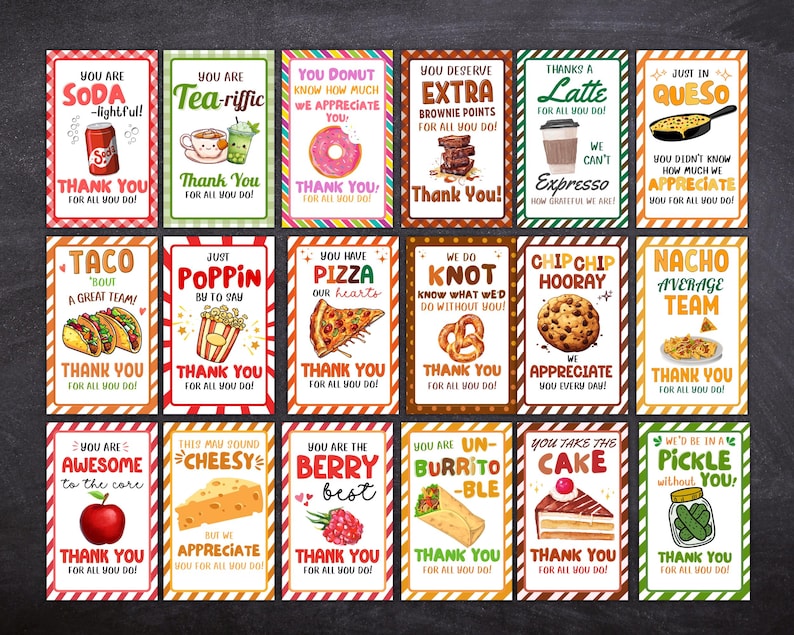 K&ouml;nnte beinhalten: Ein Satz von 16 druckbaren Lehrer-Dankeskarten mit verschiedenen Illustrationen und Wortspielen zum Thema Essen. Jede Karte hat einen bunten gestreiften Hintergrund und enth&auml;lt den Text "Danke" und eine Botschaft der Wertsch&auml;tzung.