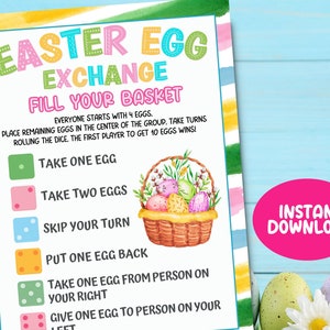 Easter Egg Exchange Dice Game, Printable Easter Games, Easter Dice Game, Easter Egg Hunt Games, Kids Easter Party Game, Easter gift exchange