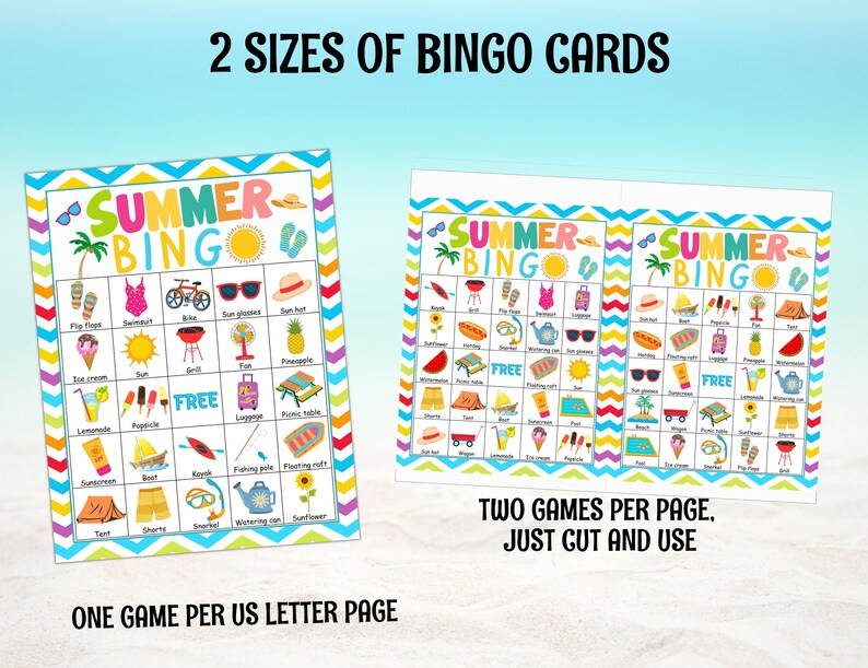 May include: Two printable summer bingo cards with colorful illustrations of summer activities like swimming, sunbathing, and grilling. The text "Summer Bingo" is at the top of each card. The cards are designed to be cut out and used for a summer-themed game.