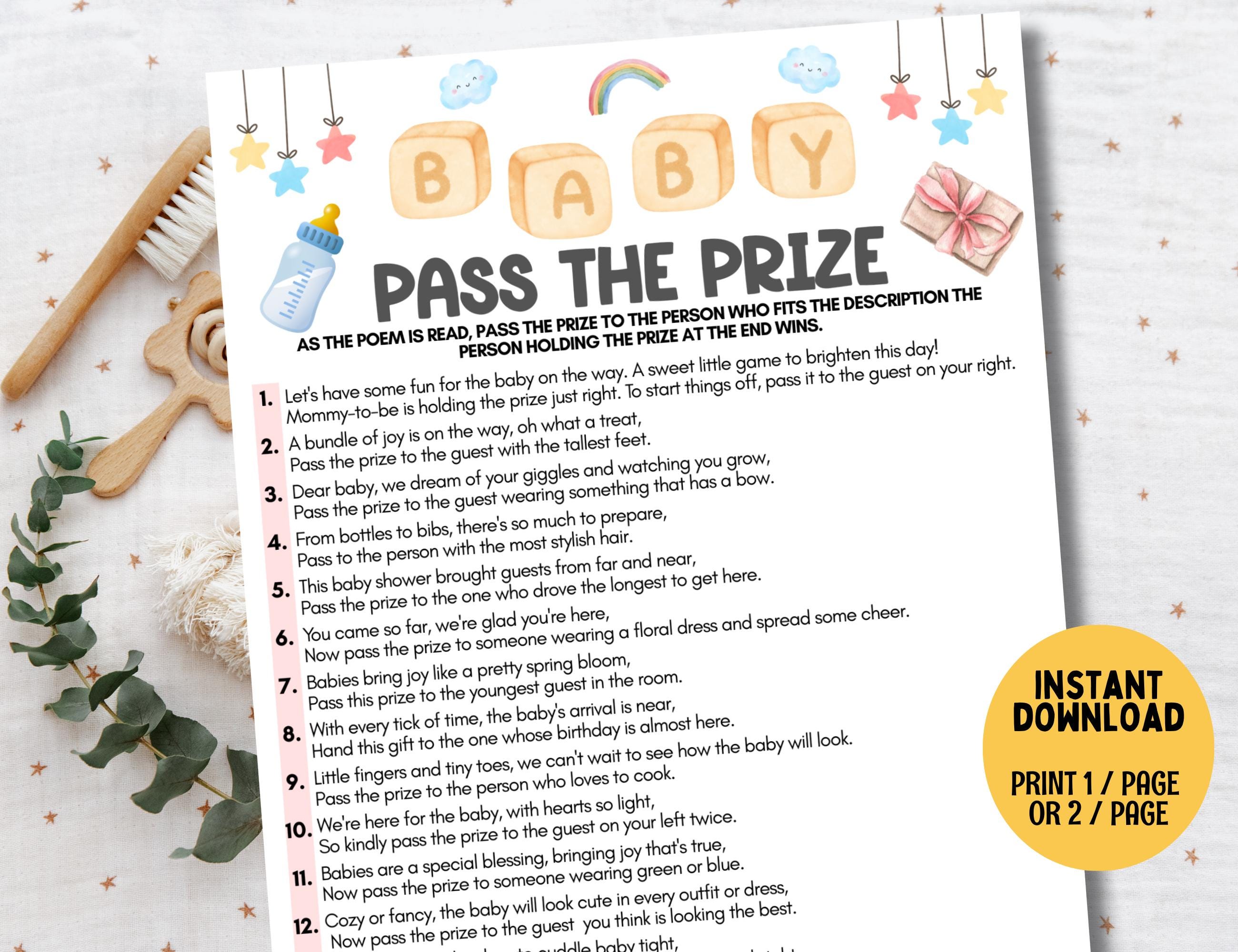 Pass the Prize Baby Shower Game, Pass the Gift Game, Printable Baby Shower Game, Group Baby Shower Activity, Pass the Gift Poem Digital