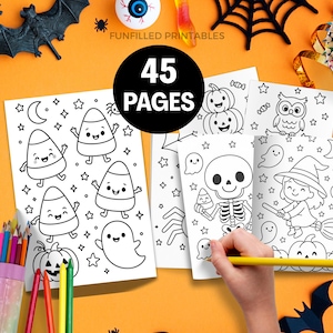 May include: Halloween-themed coloring book with 45 pages. The pages feature line art of candy corn, ghosts, pumpkins, owls, witches, and skeletons. A hand is holding a yellow colored pencil, ready to color the pages. The background is orange with Halloween decorations.