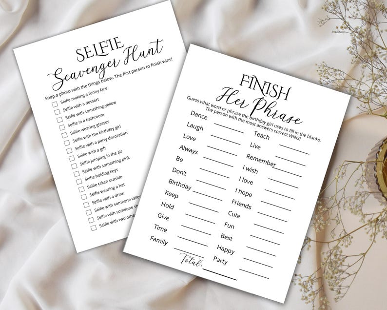 May include: Two white paper sheets with black text. One sheet is a "Selfie Scavenger Hunt" game with a list of selfie prompts. The other is a "Finish Her Phrase" game with fill-in-the-blank prompts.