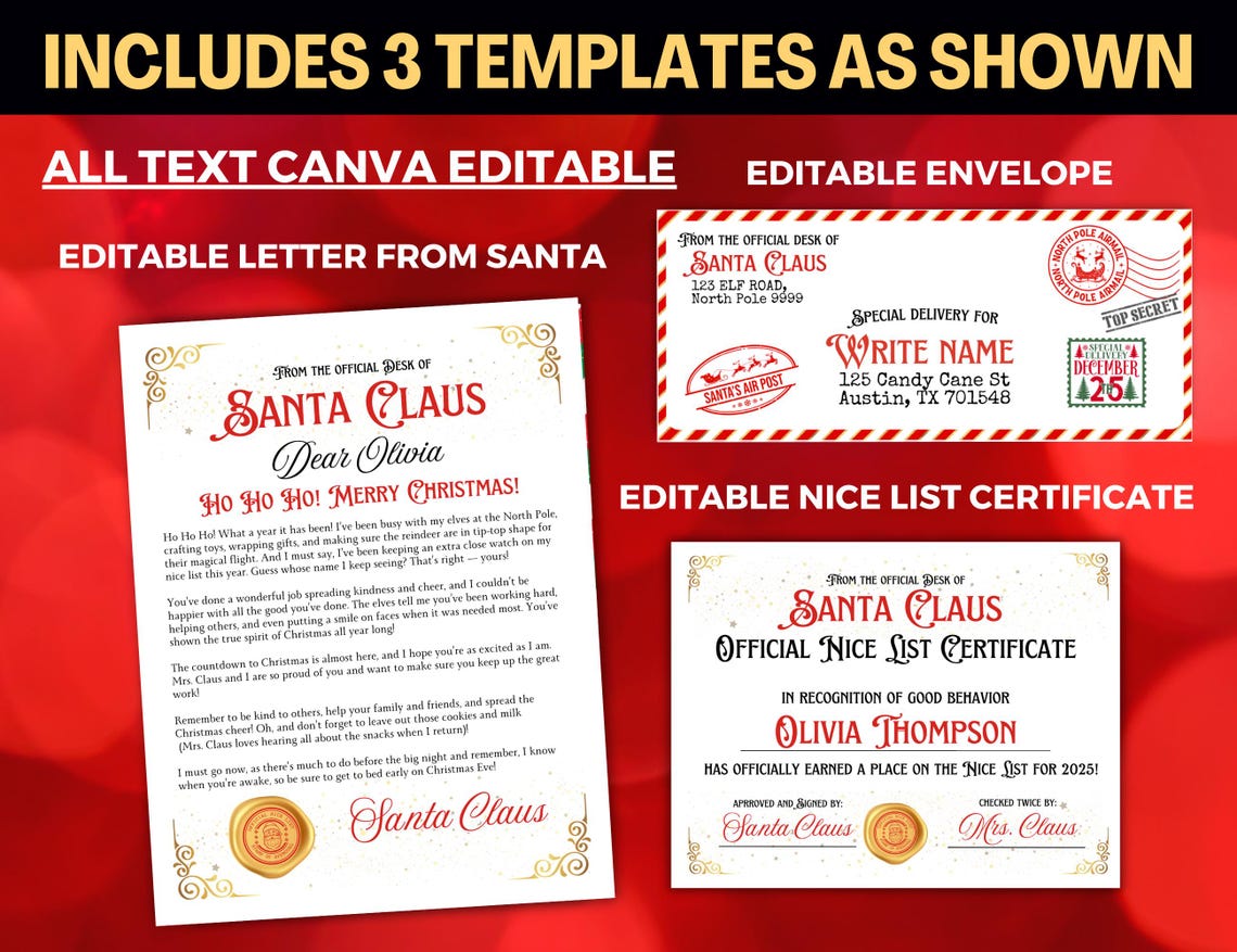 Santa Letters Bundle: Letter From Santa, Nice List Certificate + North ...
