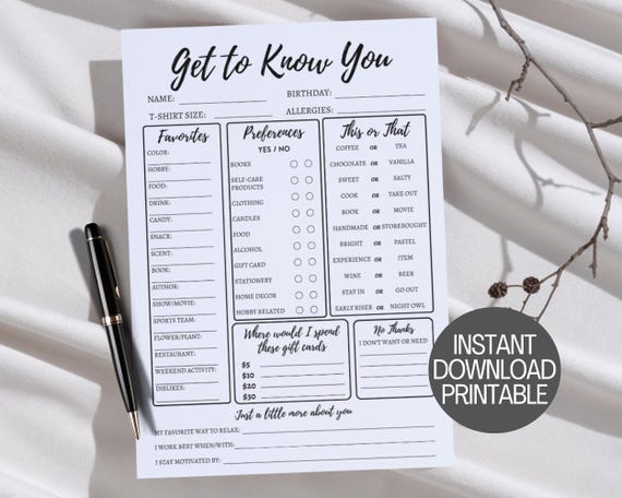 Team Building Get To Know Me Printable Questionnaire, Coworker Questions, Get To Know My Team Staff Employee Favorites, All About Me Survey