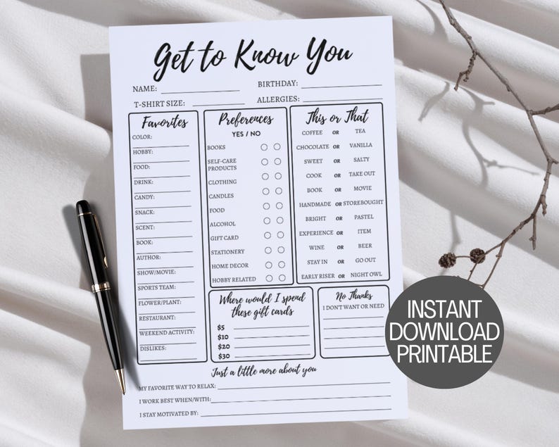 Getting To Know You Printable | Coworker Questions | All About Me Survey | Employee Favorite Things Survey | Get to Know My Team Survey