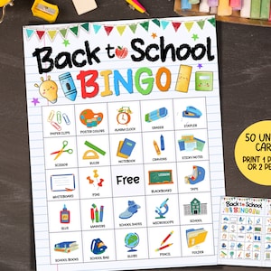 Gioco di bingo per il ritorno a scuola, 50 carte bingo stampabili Primo giorno di scuola Attività rompighiaccio per bambini, Bingo in classe, Gioco di festa per il ritorno a scuola