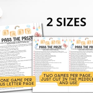 Op de afbeelding: Babyshower-spelkaarten met de tekst "Pass the Prize". De kaarten bevatten een gedicht en instructies. Het ontwerp bevat baby-thema-illustraties, met de tekst "2 Sizes" in grote zwarte letters.