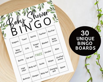 30 Prefilled baby bingo cards Printable Baby Bingo, Baby Shower games, Gender neutral bingo, Greenery baby shower bingo with blank template