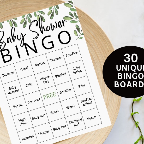 30 Prefilled baby bingo cards Printable Baby Bingo, Baby Shower games, Gender neutral bingo, Greenery baby shower bingo with blank template