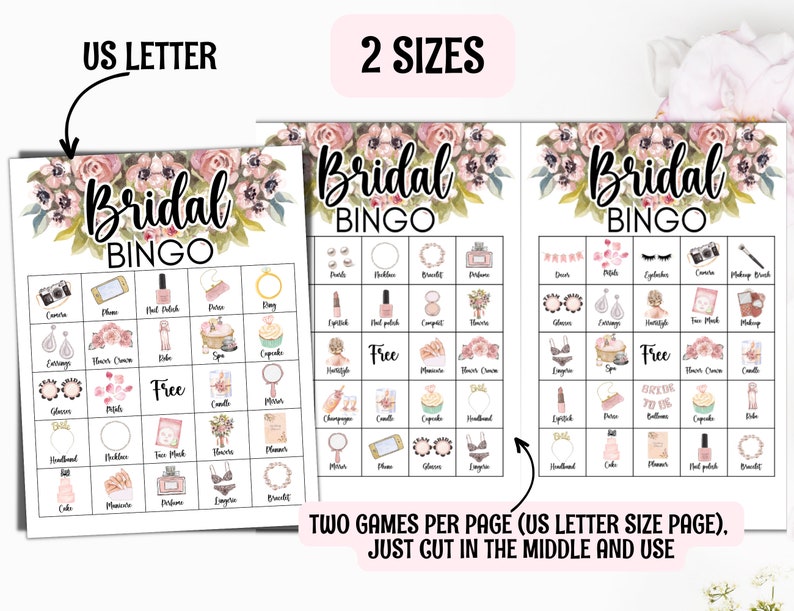 Puede incluir: Dos tarjetas de bingo de boda imprimibles con un dise&ntilde;o floral. Cada tarjeta tiene una cuadr&iacute;cula de 5x5 con casillas que contienen varias palabras con tem&aacute;tica nupcial como "anillo", "esmalte de u&ntilde;as", "ramo", "tiara", "pastel", "gratis" y "novia a ser". El texto "Dos juegos por p&aacute;gina (tama&ntilde;o de p&aacute;gina carta de EE. UU.), simplemente corta en el medio y usa" est&aacute; en la parte inferior de la imagen.