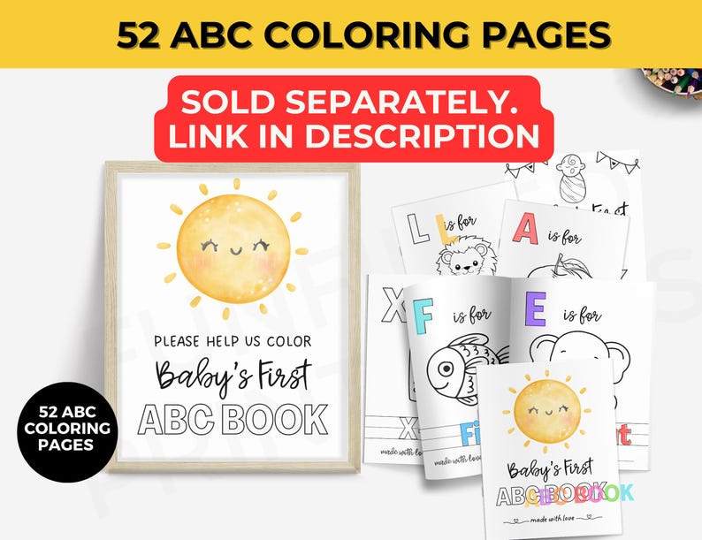 Op de afbeelding: Een verzameling kleurplaten voor kinderen met het alfabet. De afbeelding bevat een ingelijste print met een illustratie van een lachende zon en de tekst "Baby's First ABC Book". Er zijn verschillende open kleurboeken zichtbaar, met letters en bijbehorende afbeeldingen.